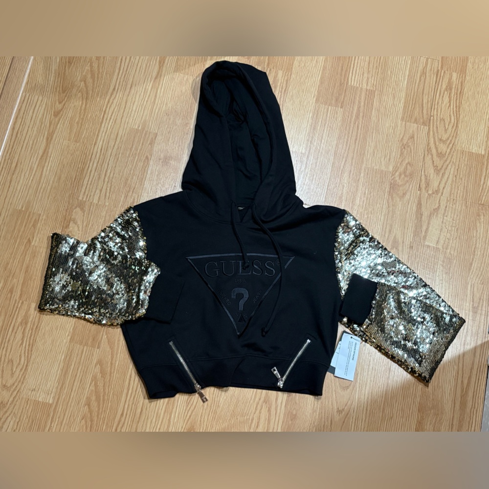 Guess Women’s Black Hoodie with Gold Sequin Sleeve